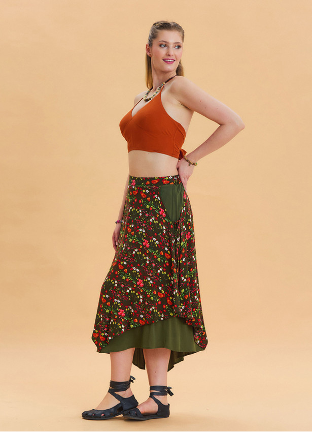 Green Casual Skirt with Elastic Waist and Tie Detail 4521